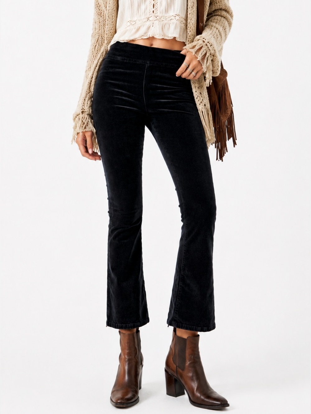 FREE PEOPLE In My Feelings Velvet Crop Slim Flare Black Pants - Size Large NWT